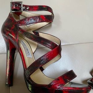 Jimmy Choo red and black strappy sandal heels